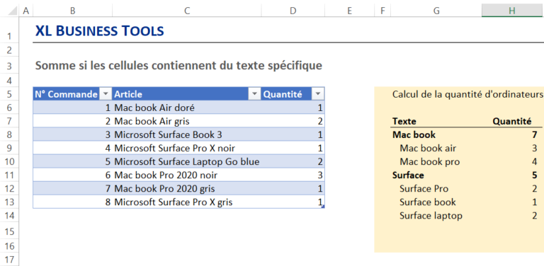 Comment calculer une somme avec Excel avec un critère contient ou