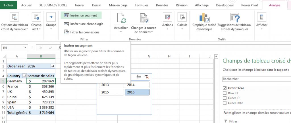 Ajouter des segments pour filtrer les données d’un TCD | XL Business Tools
